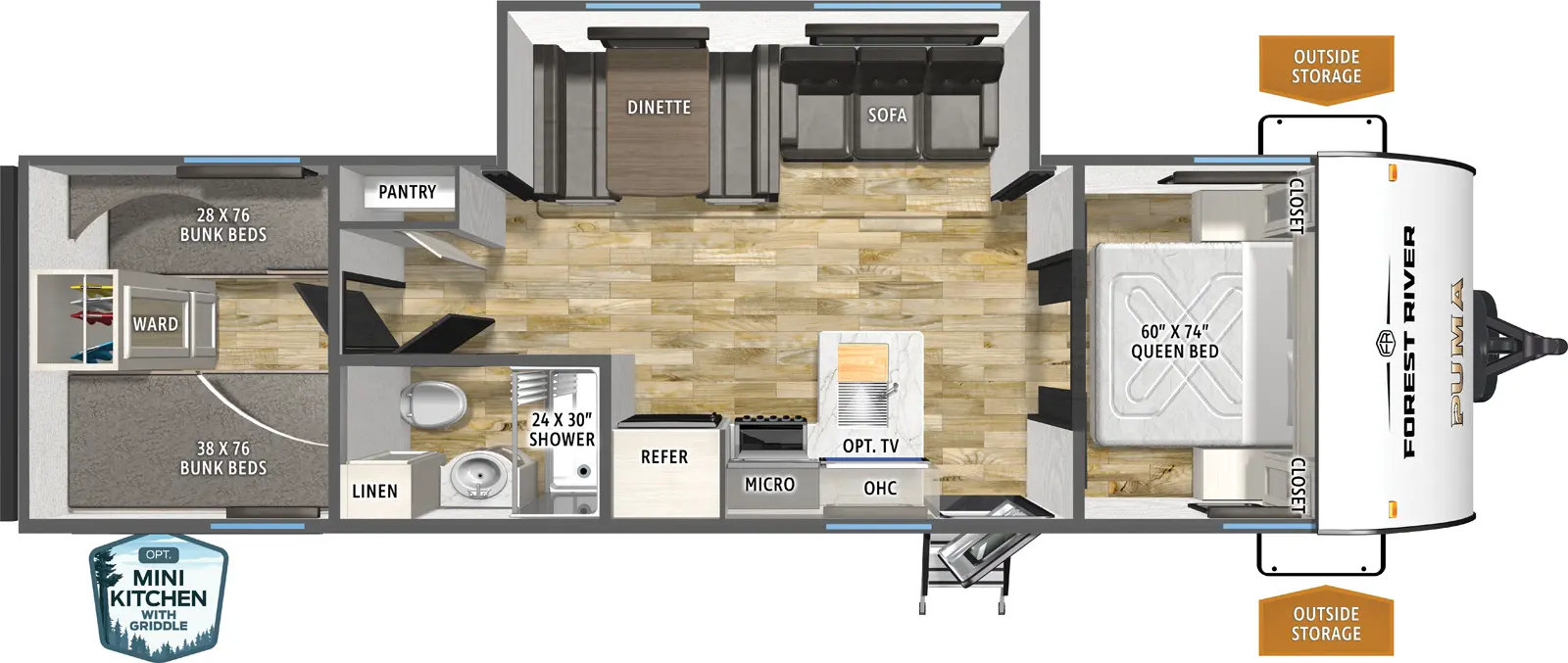 The Puma Camping Edition 304BHCE floorplan has one entry and one slide out. Exterior features include: metal exterior, 15' awning and outside kitchen. Interiors features include: bunk beds and front bedroom.